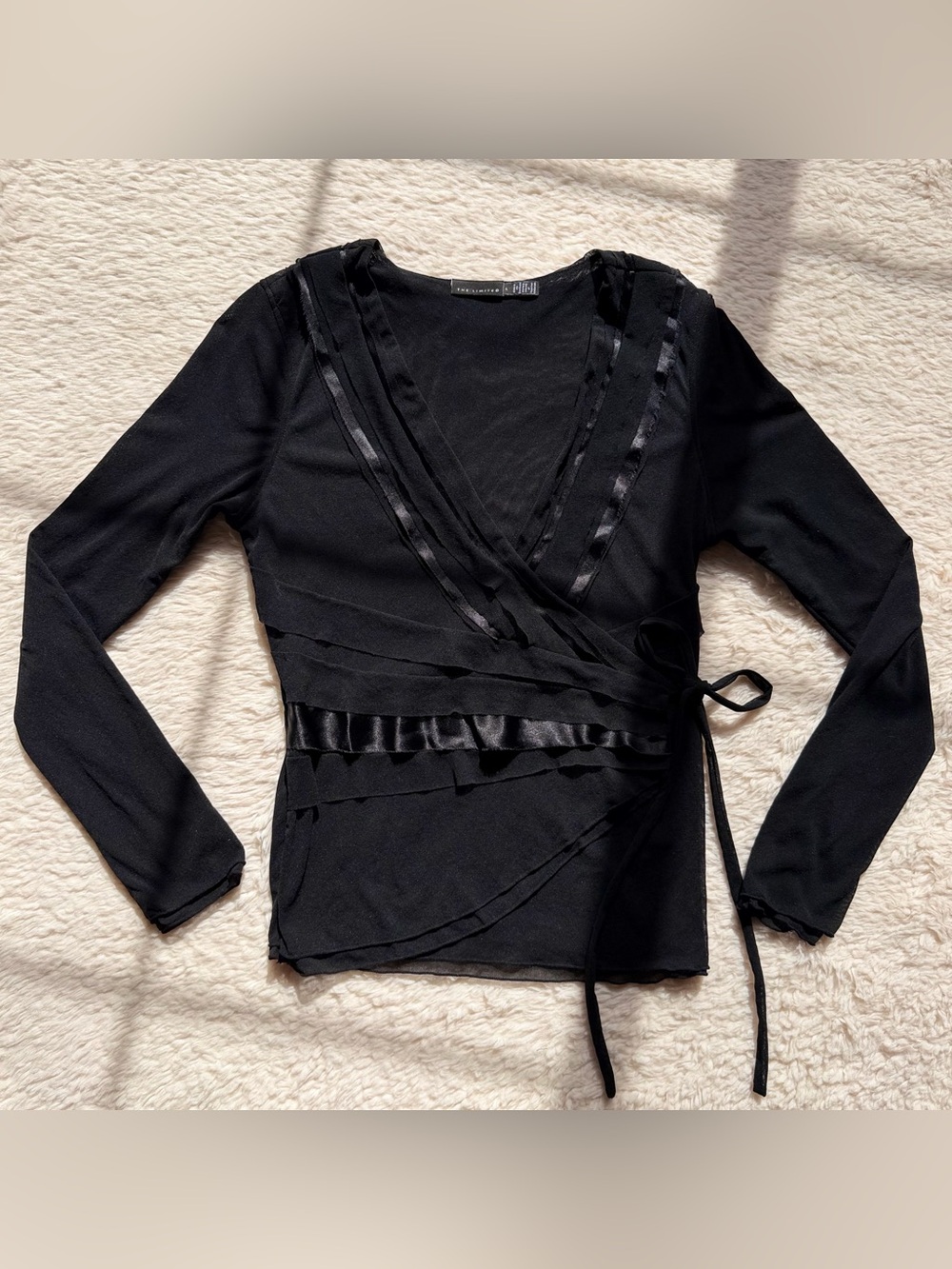 Y2K VTG 90’s The Limited Sheer Mesh Wrap Top Ruffle Trim Balletcore Delicate Tie